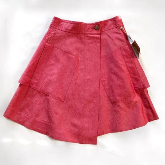 ANTHROPOLOGIE Red Pink Ruffle Tiered Silk Linen Wrap Mini Knee Length Skirt 0 - Picture 8 of 8